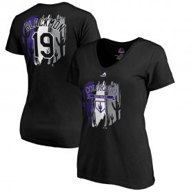 Wholesale Cheap Colorado Rockies #19 Charlie Blackmon Majestic Women\'s 2019 Spring Training Name & Number V-Neck T-Shirt Black