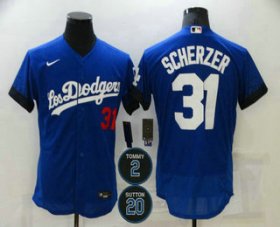 Wholesale Cheap Men\'s Los Angeles Dodgers #31 Max Scherzer Blue #2 #20 Patch City Connect Flex Base Stitched Jersey