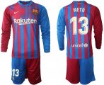 Wholesale Cheap Men 2021-2022 Club Barcelona home red blue Long Sleeve 13 Nike Soccer Jersey