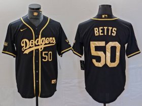 Cheap Men\'s Los Angeles Dodgers #50 Mookie Betts Number Black Gold World Series Champions Cool Base Stitched Jersey