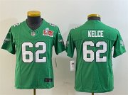 Youth Philadelphia Eagles #62 Jason Kelce Green 2025 Super Bowl LIX Patch F.U.S.E. Throwback Vapor Untouchable Limited Stitched Football Jersey