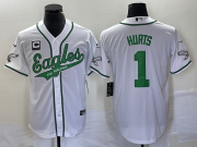 Wholesale Cheap Men's Philadelphia Eagles #1 Jalen Hurts White C Patch Cool Base Stitched Baseball Jersey