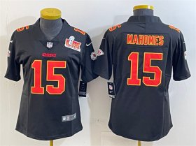 Women\'s Kansas City Chiefs #15 Patrick Mahomes Black 2025 Super Bowl LIX Patch Vapor Untouchable Limited Stitched Football Jersey(Run Small)