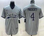 Wholesale Cheap Men's Dallas Cowboys #4 Dak Prescott Grey Pinstripe With Patch Cool Base Stitched Baseball Jersey