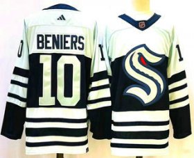 Cheap Men\'s Seattle Kraken #10 Matty Beniers Blue 2022 Reverse Retro Stitched Jersey