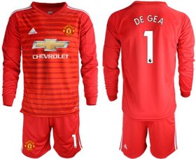 Wholesale Cheap Manchester United #1 De Gea Red Goalkeeper Long Sleeves Soccer Club Jersey