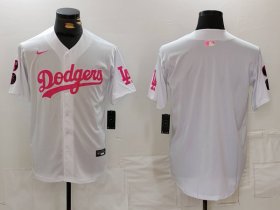 Cheap Men\'s Los Angeles Dodgers Team Big Logo White Pink Vin & Kobe Patch Stitched Baseball Jersey