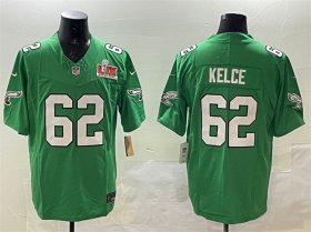 Men\'s Philadelphia Eagles #62 Jason Kelce Green 2025 Super Bowl LIX Patch F.U.S.E. Throwback Vapor Untouchable Limited Stitched Football Jersey