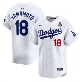 Cheap Men\'s Los Angeles Dodgers #18 Yoshinobu Yamamoto White 2024 World Series Home Limited Stitched Baseball Jersey