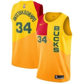 Wholesale Cheap Men\'s Nike Milwaukee Bucks #34 Giannis Antetokounmpo 2018-19 City Edition Swingman Yellow Jersey