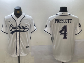 Men\'s Dallas Cowboys #4 Dak Prescott White With Navy Name Cool Base Stitched Baseball Jersey