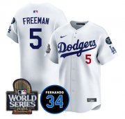 Cheap Men's Los Angeles Dodgers #5 Freddie Freeman White 2024 World Series With Fernando Memorial Patch Limited Stitched Baseball Jersey