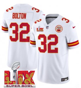 Men\'s Kansas City Chiefs #32 Nick Bolton White 2025 Super Bowl LIX Patch F.U.S.E. Vapor Limited Stitched Football Jersey