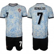 Cheap Men's Portugal Team #7 Ronaldo 2024-25 White Blue Away Soccer Jersey Suit