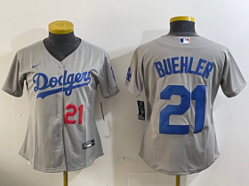 Cheap Women\'s Los Angeles Dodgers #21 Walker Buehler Number Grey Stitched Cool Base Nike Jersey