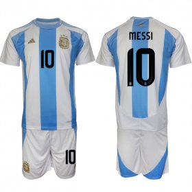 Cheap Men\'s Argentina #10 Messi White Blue 2024-25 Home Soccer Jersey Suit