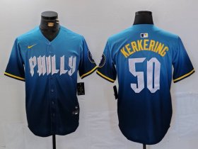 Cheap Men\'s Philadelphia Phillies #50 Orion Kerkering Blue 2024 City Connect Limited Stitched Jersey