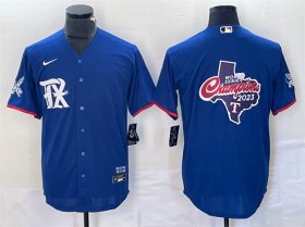 Mens Texas Rangers Royal 2023 World Series Champions Big Logo Cool Base Stitched Baseball Jersey