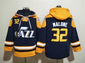 Men\'s Utah Jazz #32 Karl Malone Navy Yellow Lace-Up Pullover Hoodie