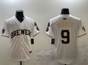 Cheap Men's Milwaukee Brewers #9 Bob Uecker White Gold With Home Patch Limited Stitched Baseball Jersey