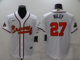 Wholesale Cheap Men's Atlanta Braves #27 Austin Riley 2022 White Gold World Series Champions Program Cool Base Stitched Baseball Jersey