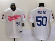 Cheap Men's Los Angeles Dodgers #50 Mookie Betts White Pink Vin & Kobe Patch Stitched Baseball Jerseys