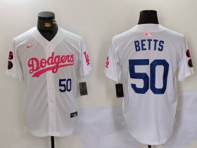 Cheap Men\'s Los Angeles Dodgers #50 Mookie Betts White Pink Vin & Kobe Patch Stitched Baseball Jerseys