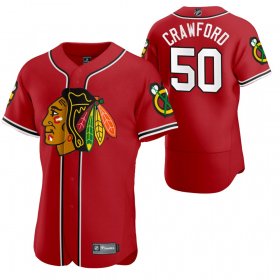 Wholesale Cheap Chicago Blackhawks #50 Corey Crawford Men\'s 2020 NHL x MLB Crossover Edition Baseball Jersey Red