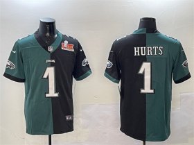 Men\'s Philadelphia Eagles #1 Jalen Hurts Green & Black Split 2025 Super Bowl LIX Patch Vapor Untouchable Limited Stitched Football Jersey