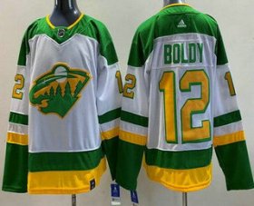 Cheap Men\'s Minnesota Wild #12 Matt Boldy White 2021 Reverse Retro Authentic Jersey