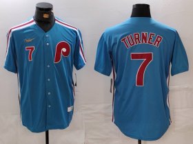 Cheap Men\'s Philadelphia Phillies #7 Trea Turner Number Blue Cooperstown Throwback Cool Base Nike Jersey