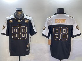 Cheap Men\'s Las Vegas Raiders #98 Maxx Crosby Black Gold F.U.S.E. With Nevada Silver Stat Patch And 65th Anniversary Patch 4-Star C Patch Limited Stitched Football Jersey