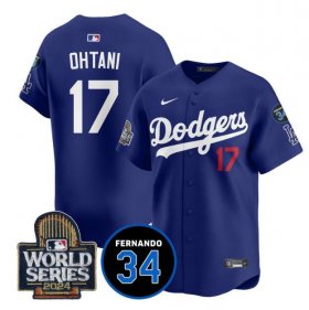 Cheap Men\'s Los Angeles Dodgers #17 Shohei Ohtani Royal 2024 World Series With Fernando Memorial Patch Limited Stitched Baseball Jersey