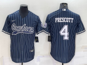 Wholesale Cheap Men's Dallas Cowboys #4 Dak Prescott Navy Blue Pinstripe With Patch Cool Base Stitched Baseball Jersey