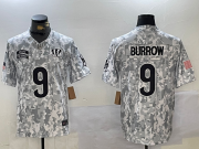 Men's Cincinnati Bengals #9 Joe Burrow Arctic Camo 2024 FUSE Salute to Service Limited Stitched Jersey