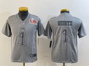 Youth Philadelphia Eagles #1 Jalen Hurts Grey 2025 Super Bowl LIX Patch Atmosphere Fashion Vapor Untouchable Limited Stitched Football Jersey