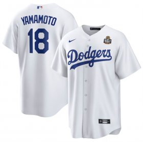 Cheap Men\'s Los Angeles Dodgers #18 Yoshinobu Yamamoto White 2024 World Series Cool Base Stitched Baseball Jersey