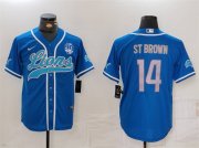 Cheap Men's Detroit Lions #14 Amon-Ra St. Brown Blue With 90th Anniversary Patch Cool Base Stitched Baseball Jersey