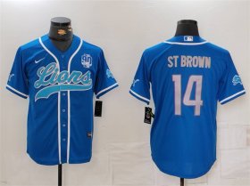 Cheap Men\'s Detroit Lions #14 Amon-Ra St. Brown Blue With 90th Anniversary Patch Cool Base Stitched Baseball Jersey