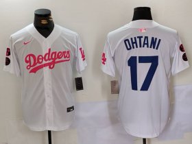 Cheap Men\'s Los Angeles Dodgers #17 Shohei Ohtani White Pink Vin & Kobe Patch Stitched Baseball Jersey