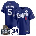 Cheap Men's Los Angeles Dodgers #5 Freddie Freeman Royal 2024 World Series With No. 34 Patch Cool Base Stitched Baseball Jersey