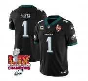 Cheap Men's Philadelphia Eagles #1 Jalen Hurts Black 2025 Eagles Logo Super Bowl LIX Patch New F.U.S.E. Vapor Untouchable Limited Football Stitched Jersey