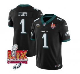 Cheap Men\'s Philadelphia Eagles #1 Jalen Hurts Black 2025 Eagles Logo Super Bowl LIX Patch New F.U.S.E. Vapor Untouchable Limited Football Stitched Jersey