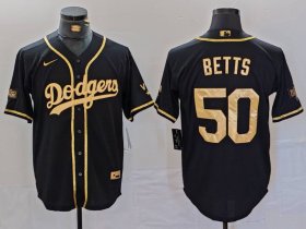 Cheap Men\'s Los Angeles Dodgers #50 Mookie Betts Black Gold World Series Champions Cool Base Stitched Jersey