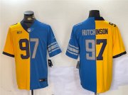 Cheap Men's Detroit Lions #97 Aidan Hutchinson Yellow Blue Split Vapor Limited Stitched Jersey