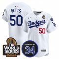 Cheap Men's Los Angeles Dodgers #50 Mookie Betts White 2024 World Series With Fernando Memorial Patch Limited Stitched Baseball Jersey