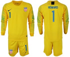 Wholesale Cheap USA #1 Howard Yellow Goalkeeper Long Sleeves Soccer Country Jersey