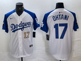 Cheap Mens Los Angeles Dodgers #17 Shohei Ohtani Number White Blue Fashion Stitched Cool Base Limited Jersey