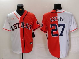 Cheap Men\'s Houston Astros #27 Jose Altuve White Orange Blue Number Split Stitched Baseball Jersey