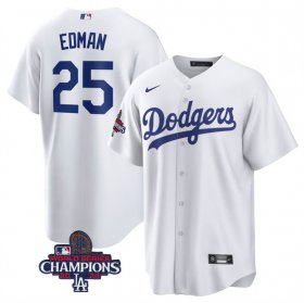 Cheap Men\'s Los Angeles Dodgers #25 Tommy Edman White 2024 World Series Champions Cool Base Stitched Baseball Jersey